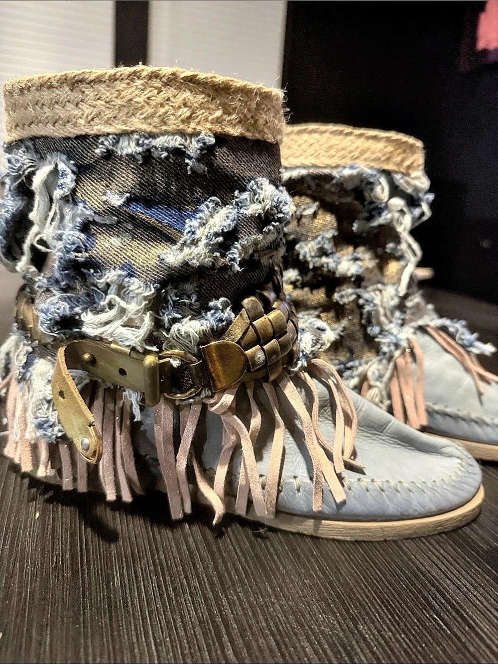 Distressed Denim Fringe Ankle Boots in Blue & Brown